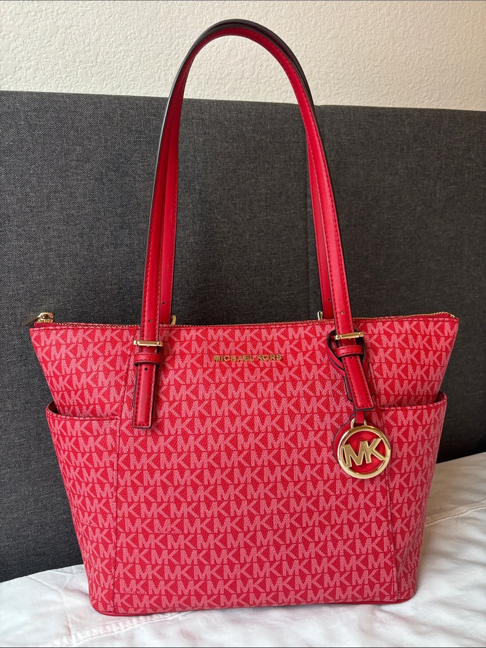 Michael Kors Red MK Logo Tote with Gold Charm